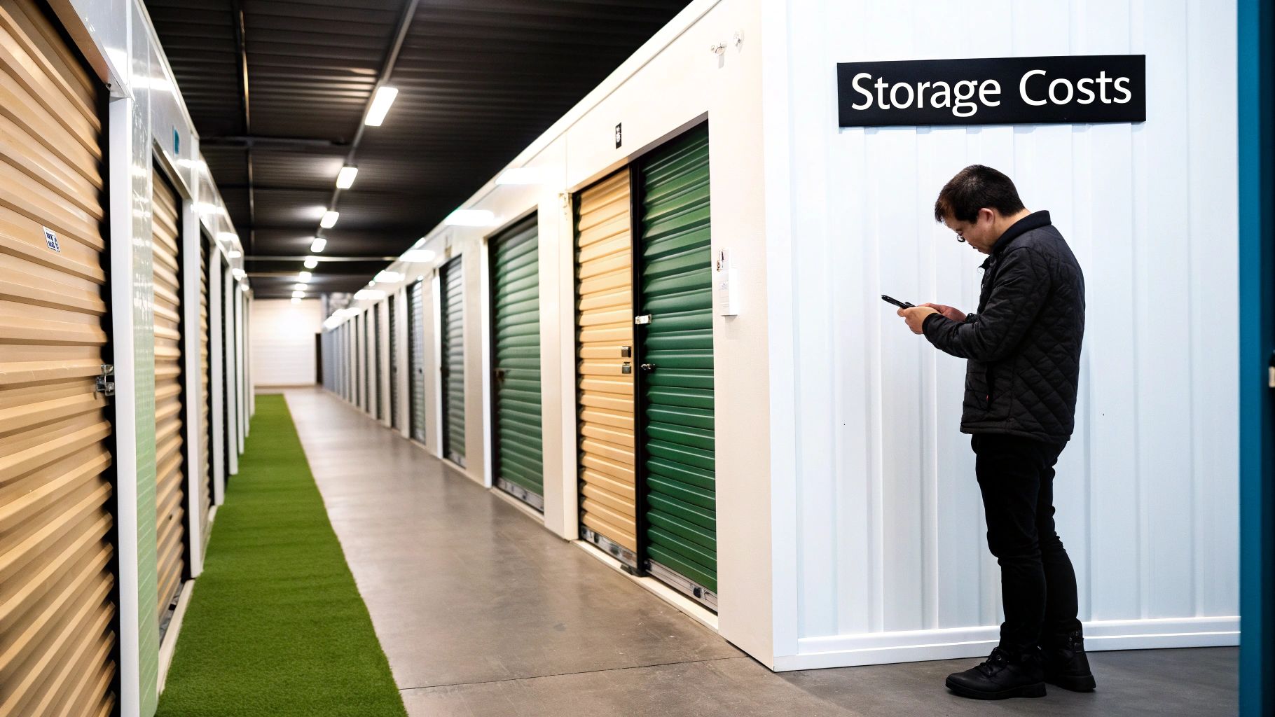 A man looks at his phone in a self-storage facility, next to a 'Storage Costs' sign.