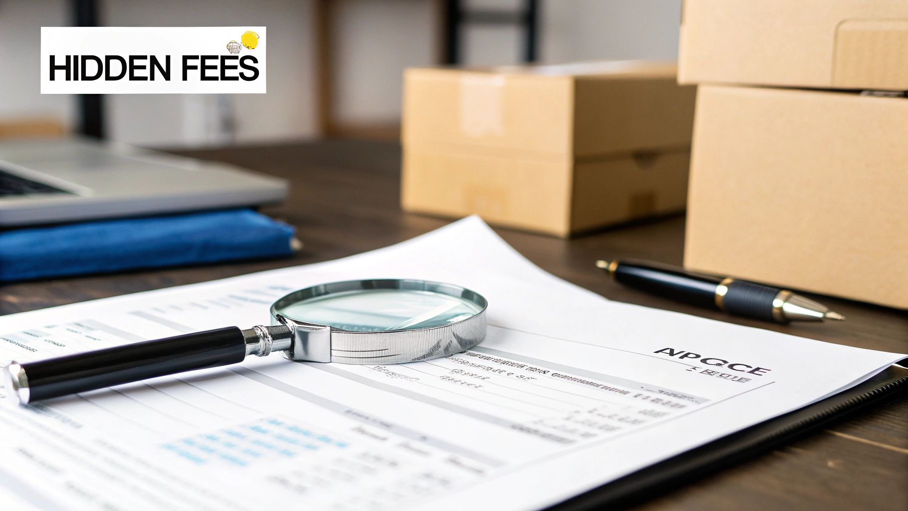 Magnifying glass on a document titled 'HIDDEN FEES' with boxes, laptop, and pen.