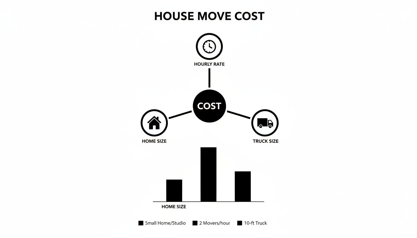 Diagram illustrating house move cost factors, including hourly rate, home size, and truck size, with a related bar chart.