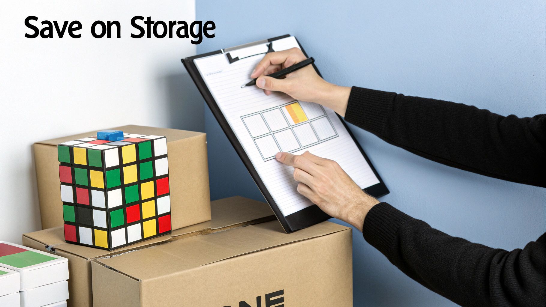 A person's hands are marking a grid on a clipboard next to a Rubik's cube and cardboard storage boxes.