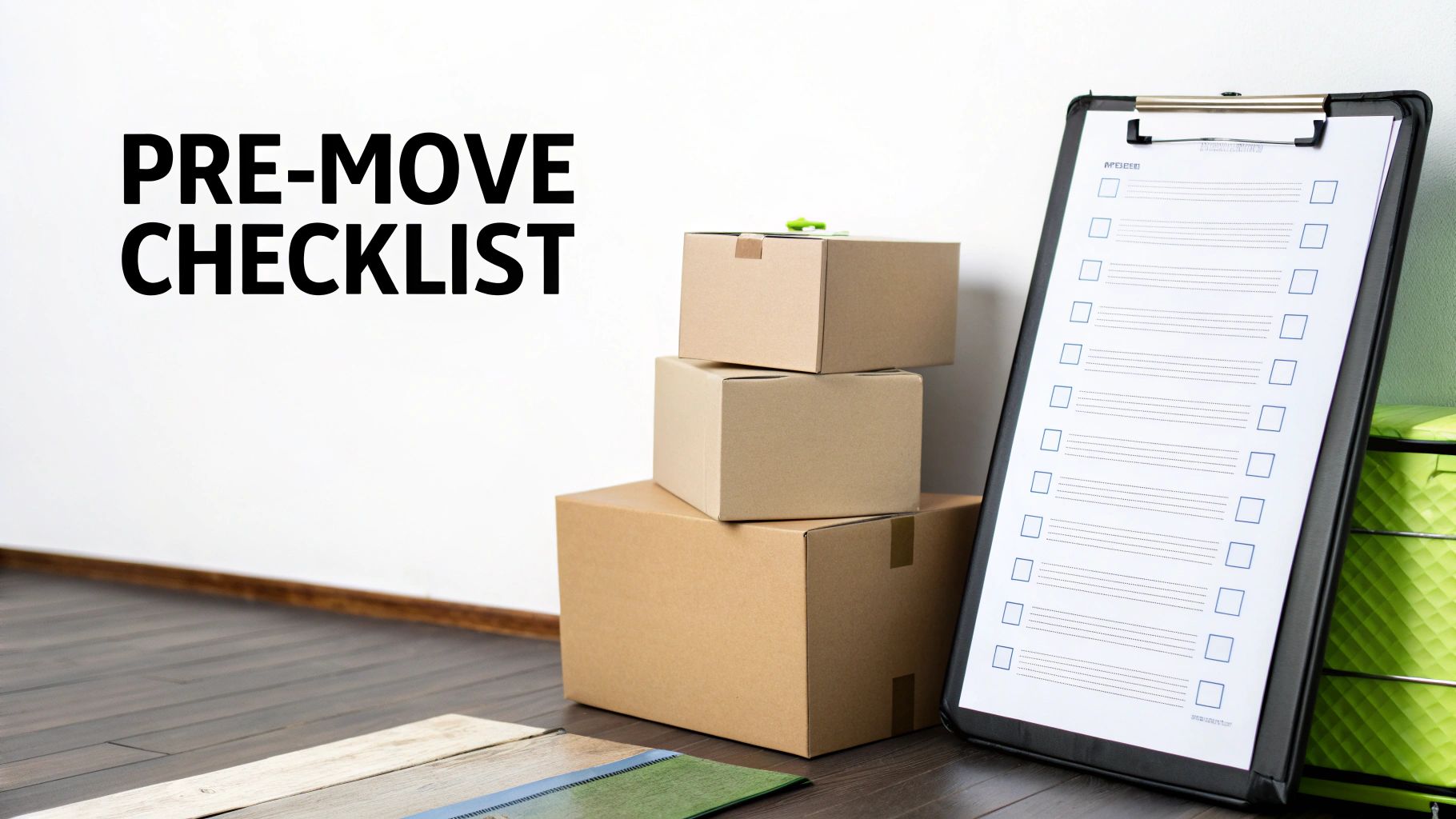 Pre-move checklist clipboard with cardboard moving boxes stacked against white wall on wooden floor