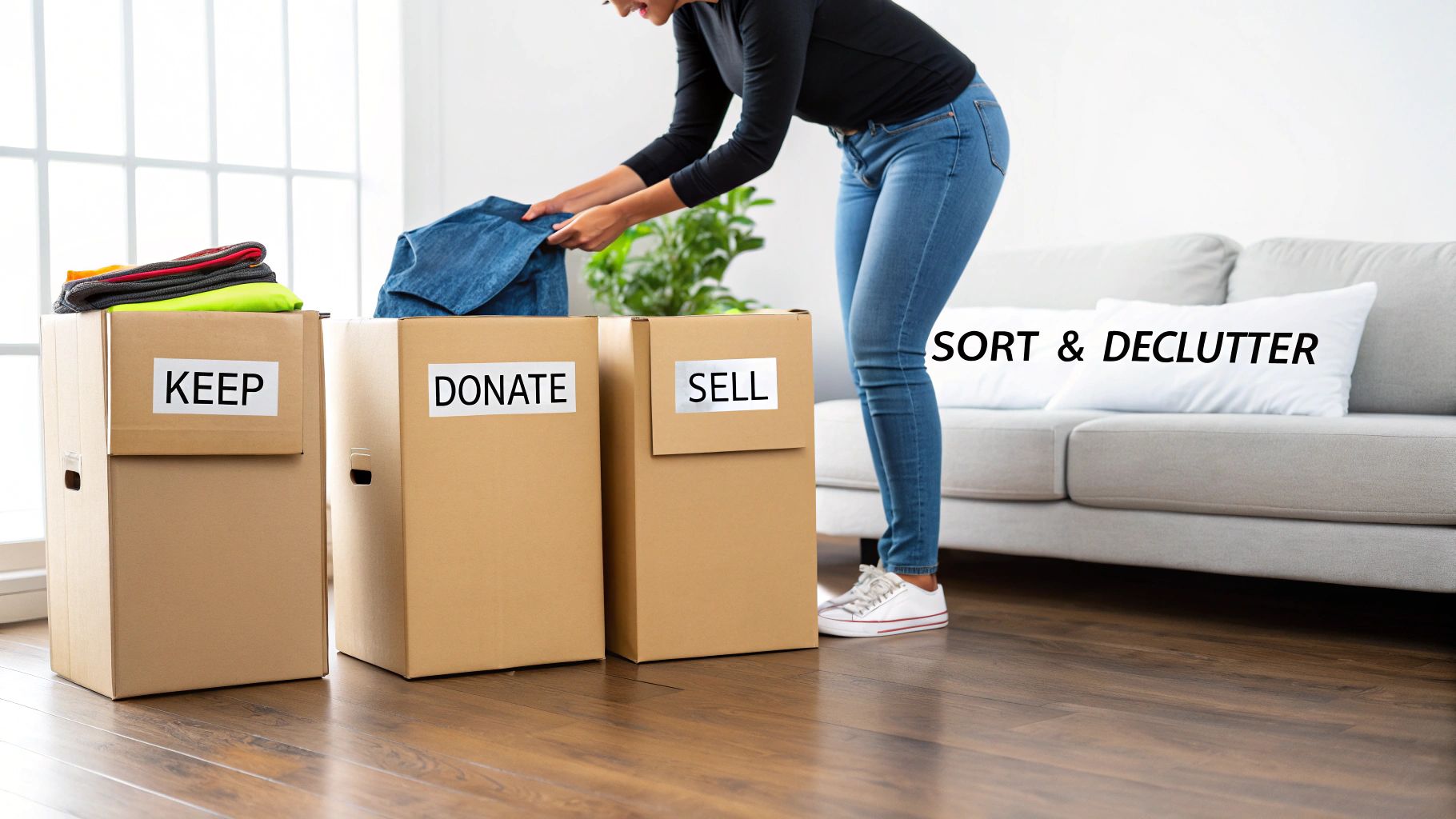 A person sorts clothes into labeled boxes: KEEP, DONATE, SELL, decluttering before moving.
