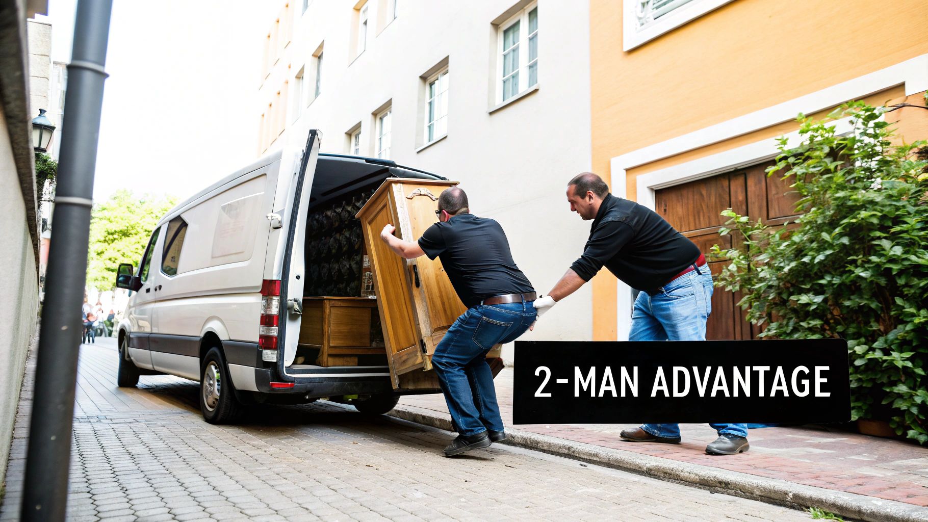 Two removalists carefully wrapping a piece of furniture in protective plastic wrap.