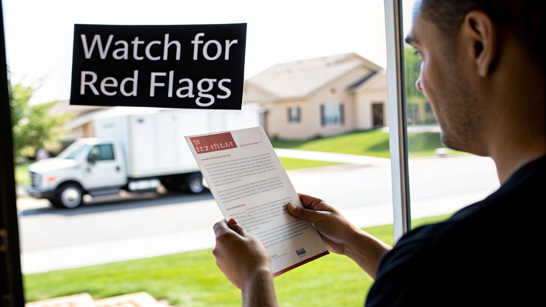 A man holds a document by a window with a 'Watch for Red Flags' sign, observing a white moving truck outside.