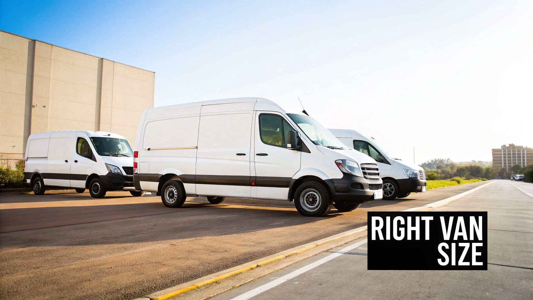 Three clean white cargo vans parked side-by-side in an outdoor lot on a sunny day.