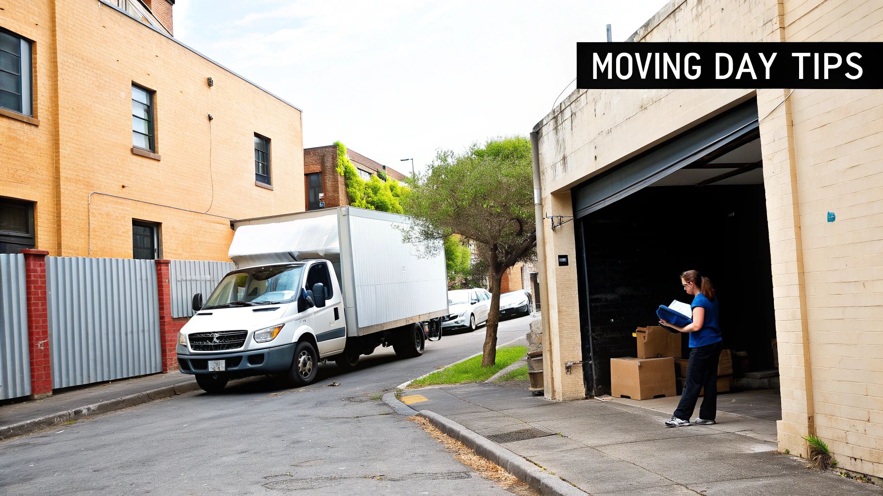 A woman unpacks boxes from a white moving truck parked on a street, with 'Moving Day Tips' overlay.
