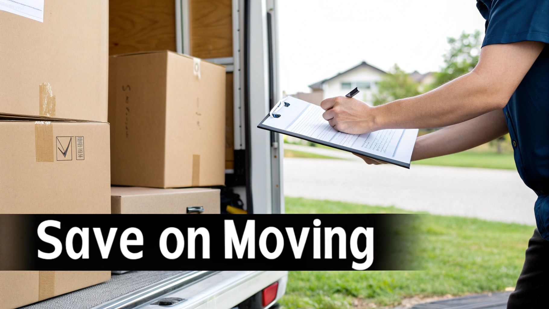 A person signs a clipboard next to a moving truck loaded with cardboard boxes, with text 'Save on Moving'.