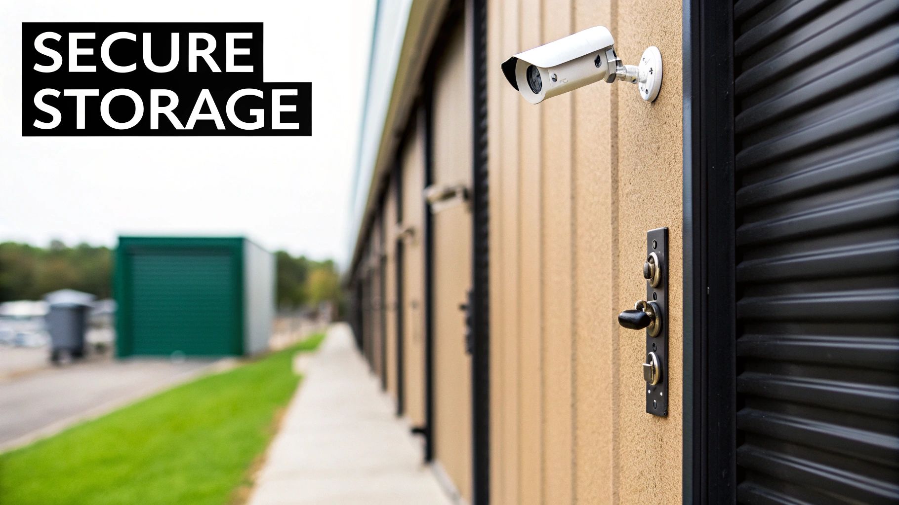 A white security camera watches over secure self-storage units with textured walls and black doors.
