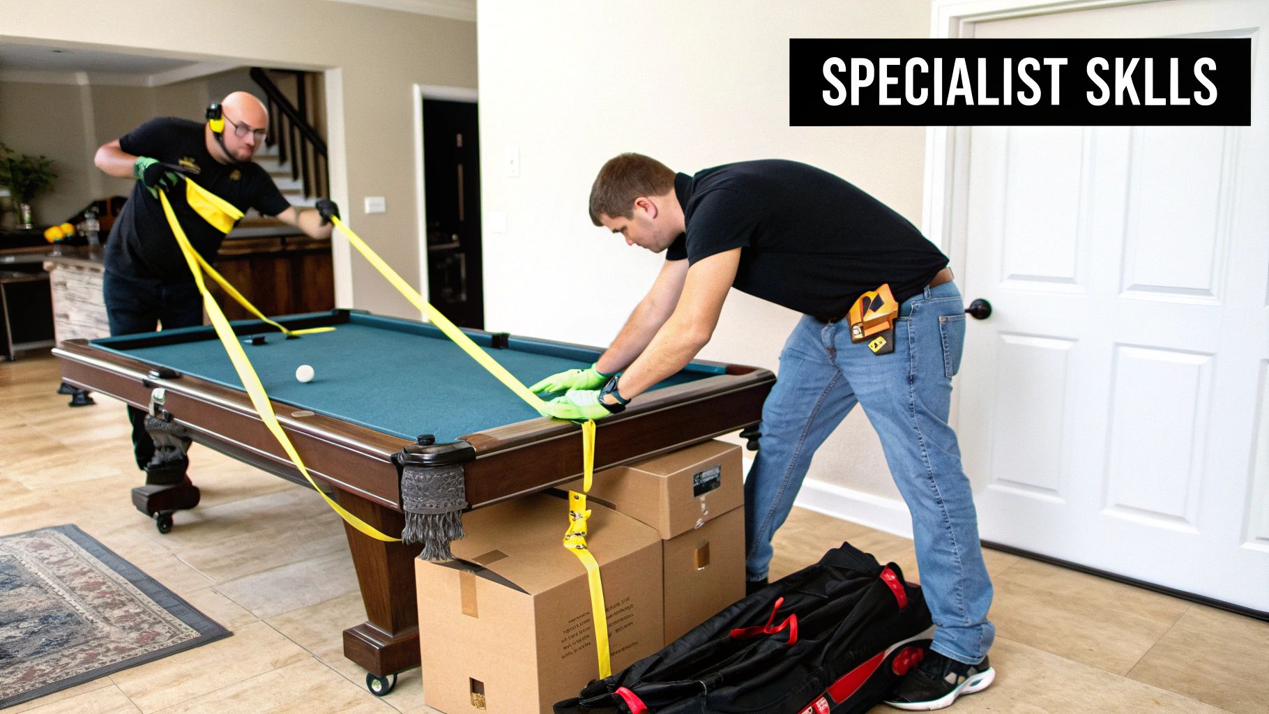 Two men carefully use yellow straps to move a heavy pool table, showcasing specialized moving skills.