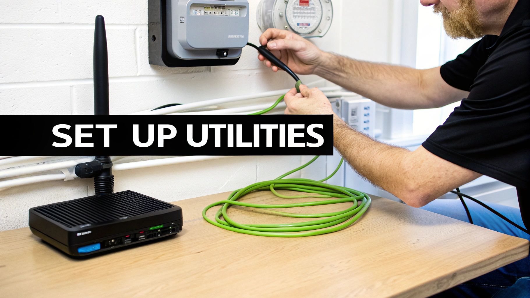 Man connecting a green utility cable to a wall-mounted device, with an internet router and coiled cable on a desk.