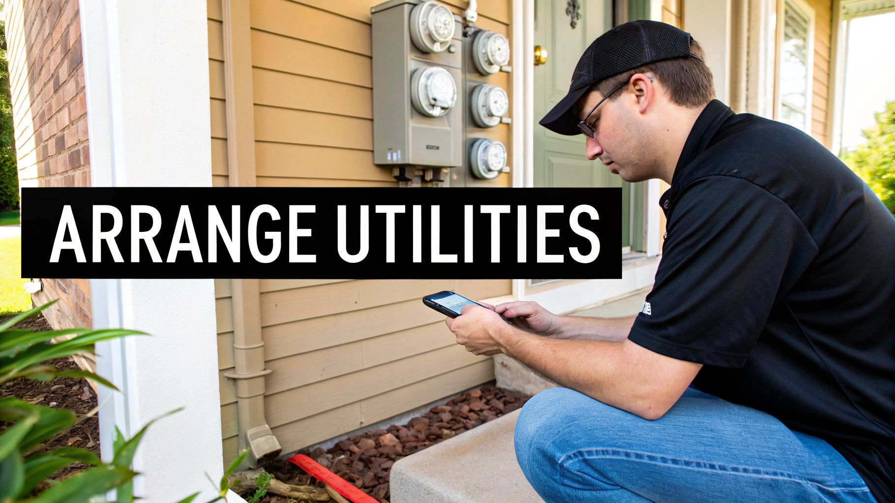 A man kneels outside a house, using his smartphone to arrange utilities with meters visible.