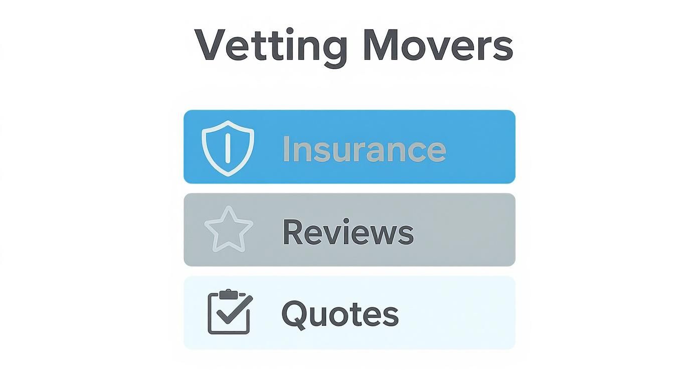 A graphic titled 'Vetting Movers' with three options: Insurance, Reviews, and Quotes.