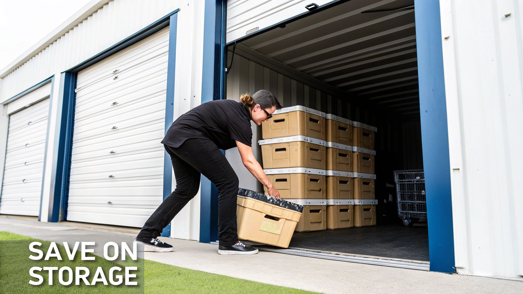 A person in black clothing moves a beige storage box into a self-storage unit filled with stacked boxes.