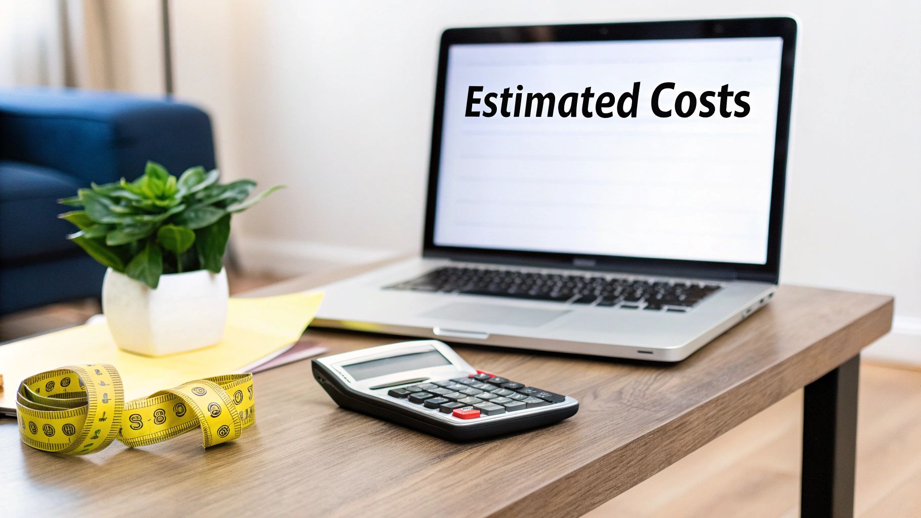 A laptop displays 'Estimated Costs' next to a calculator, tape measure, and plant on a wooden desk.