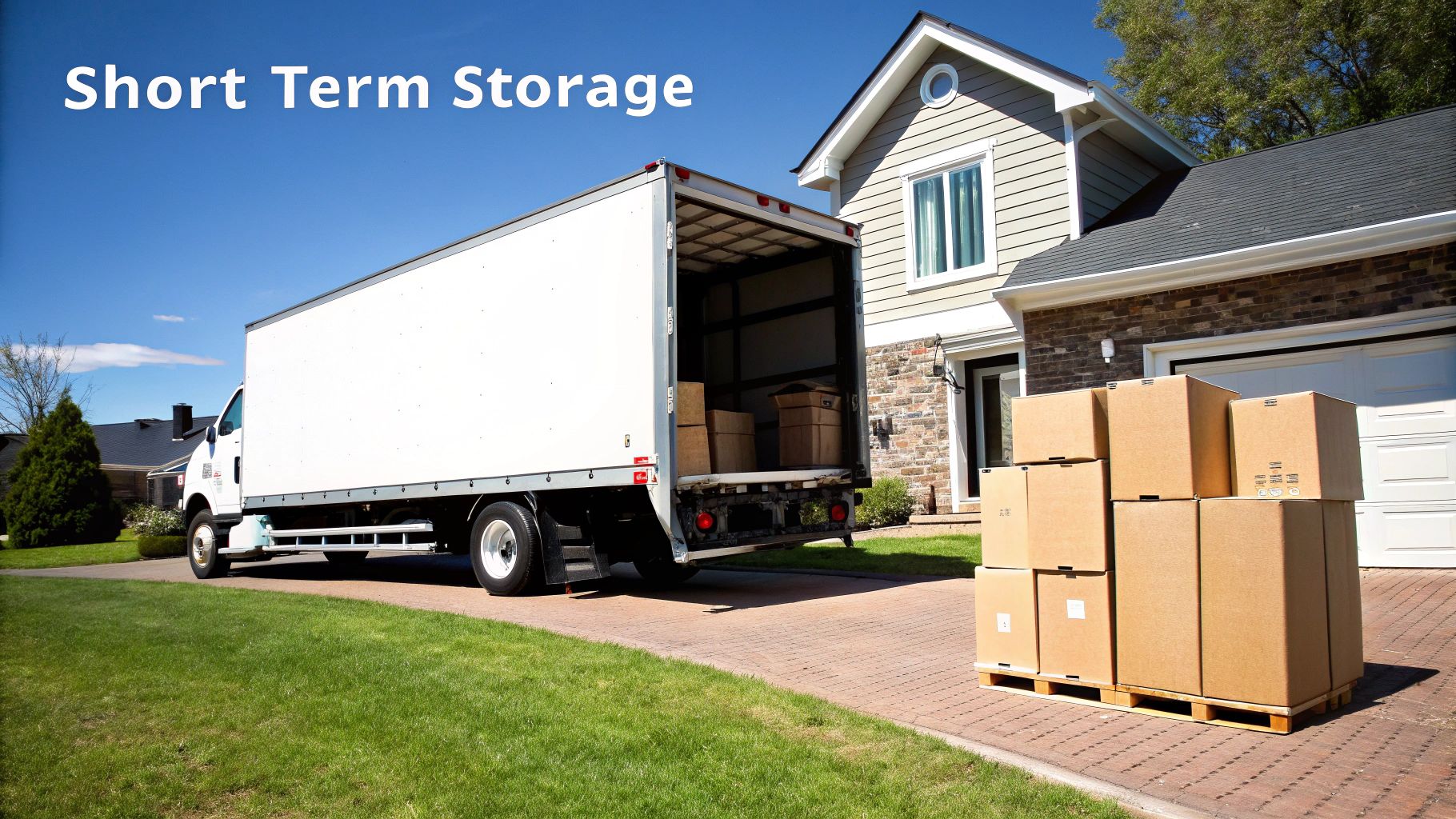 A well-organized short term storage unit with neatly stacked boxes and furniture.