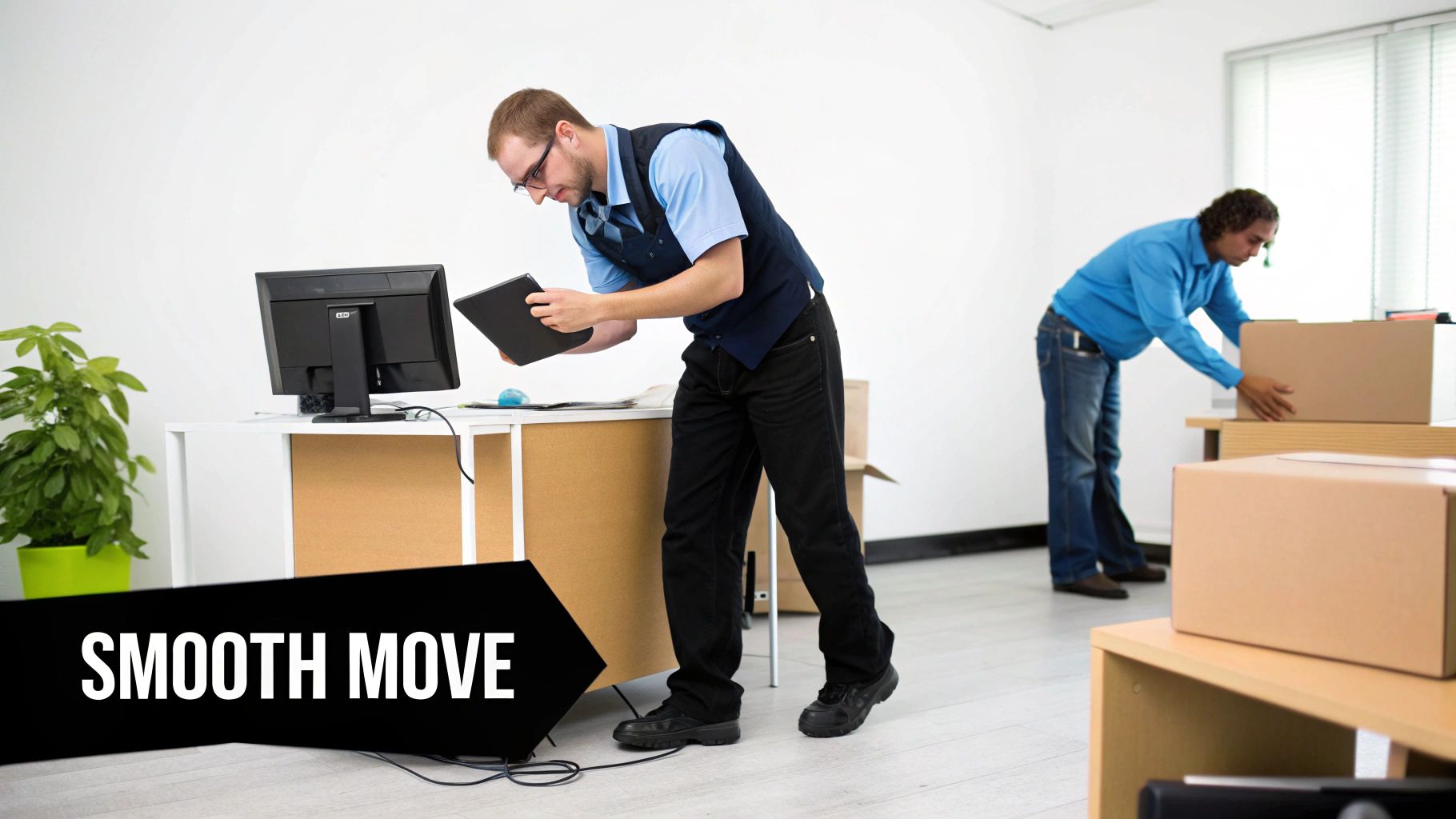 Two men are moving boxes and office equipment in a brightly lit office space.
