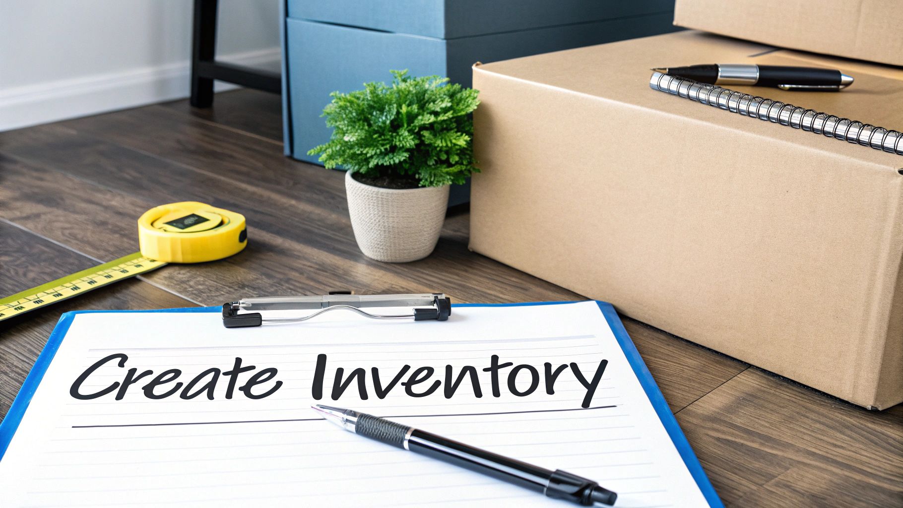 Clipboard with 'Create Inventory' text, pen, tape measure, and moving boxes for home organization.