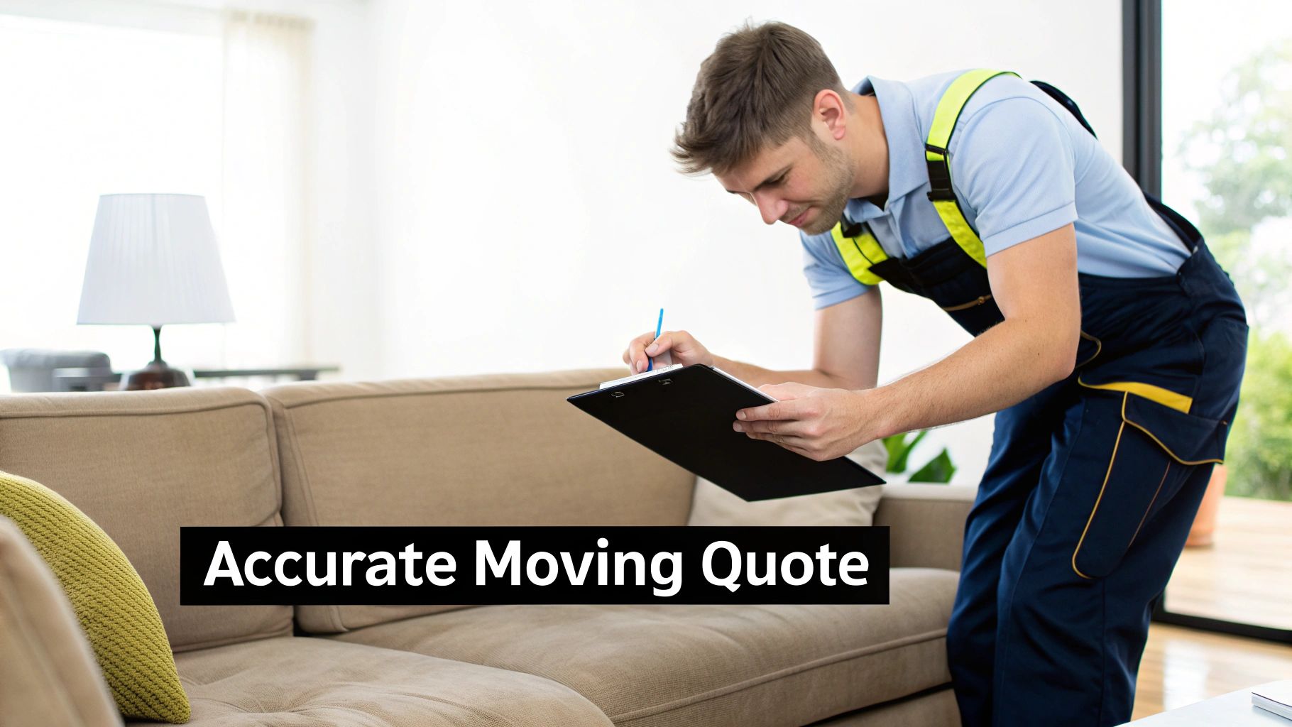 A man in work overalls and a light blue polo shirt writes on a clipboard, likely preparing an accurate moving quote in a living room.