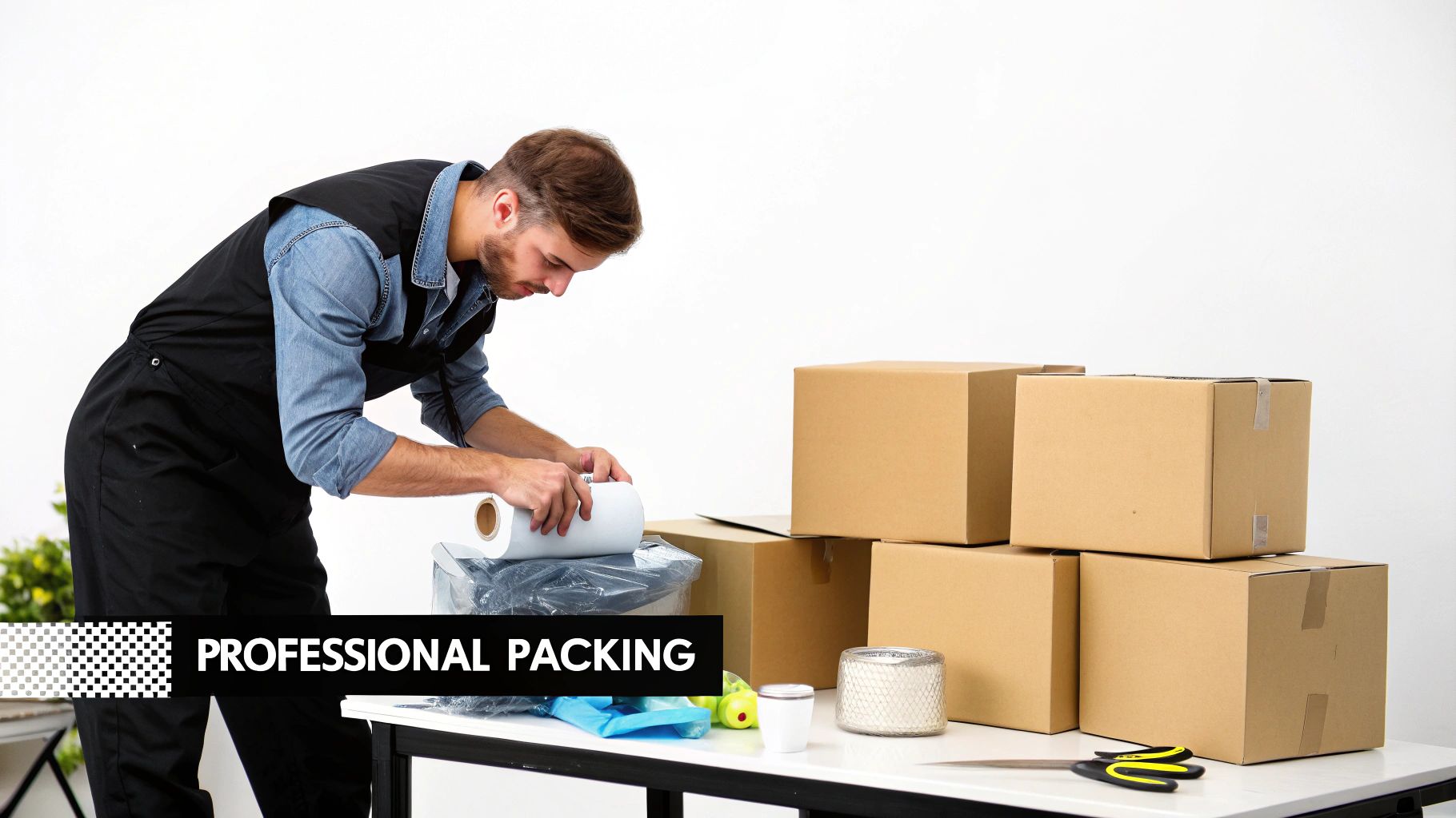 Professional packer carefully wrapping items with bubble wrap next to stacks of cardboard boxes.