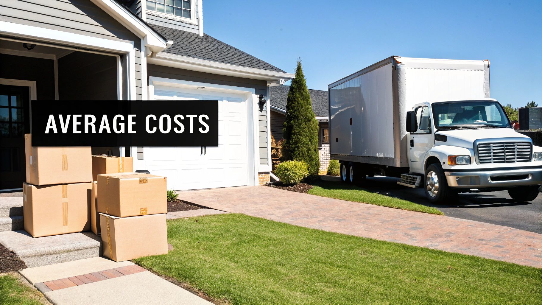 A moving truck parked outside a house with boxes on the porch and 'AVERAGE COSTS' text.