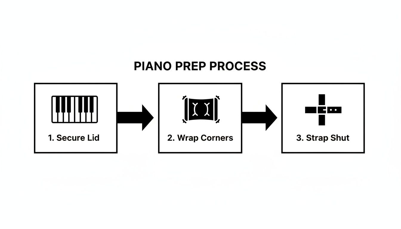 A three-step diagram illustrating the piano preparation process: secure lid, wrap corners, and strap shut.