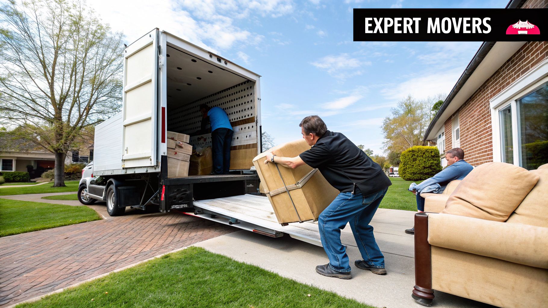 A removalist carefully wrapping a piece of furniture in a living room.