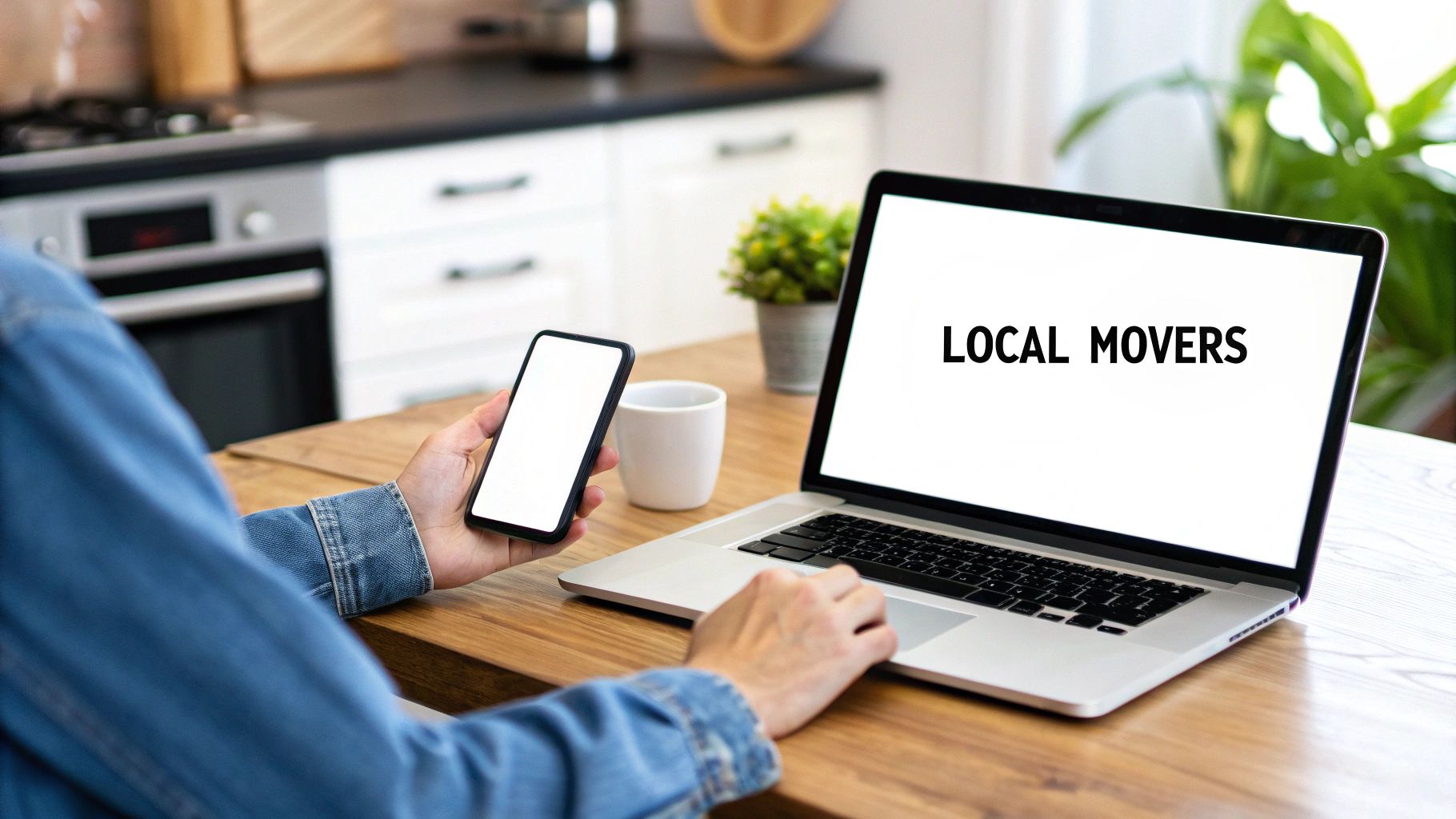 A person in a denim jacket is using a laptop with 'LOCAL MOVERS' on screen and holding a smartphone.