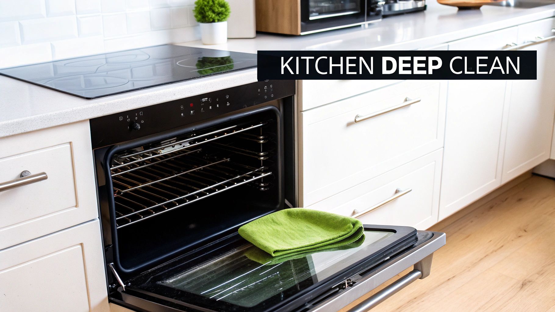 Modern kitchen with an open oven and a green cleaning cloth on the door, ready for a deep clean.