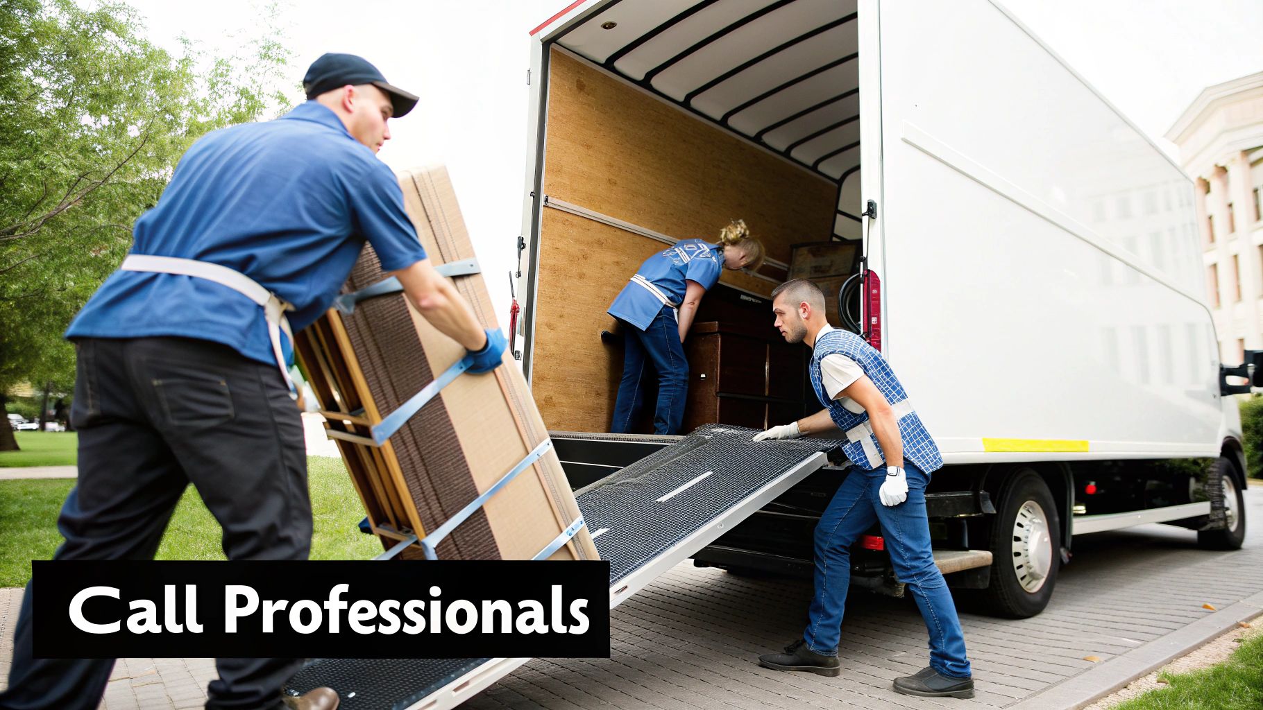 Professional movers loading large items onto a white moving truck using a ramp.