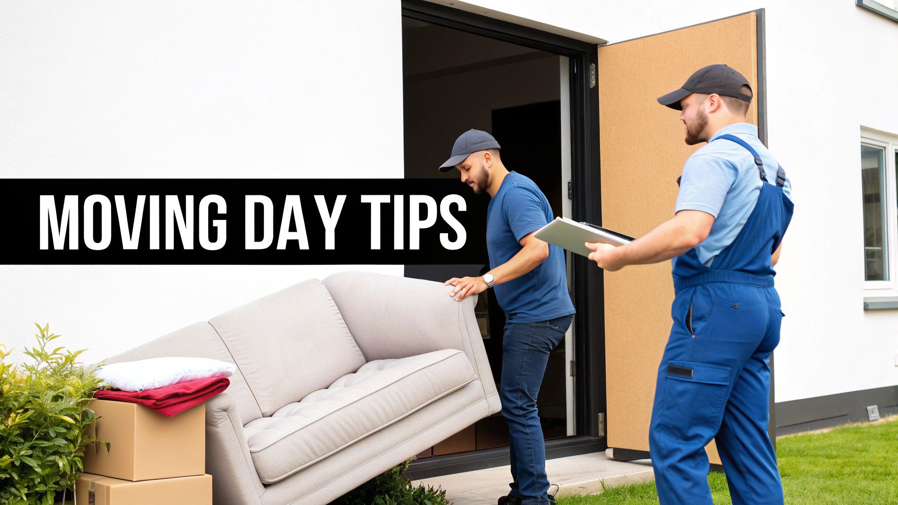 Two professional movers carry a large sofa into a new house, with 'MOVING DAY TIPS' text.