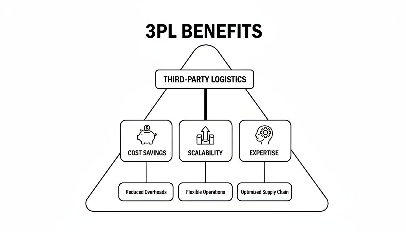 Diagram illustrating the benefits of Third-Party Logistics (3PL), including cost savings, scalability, and expertise.