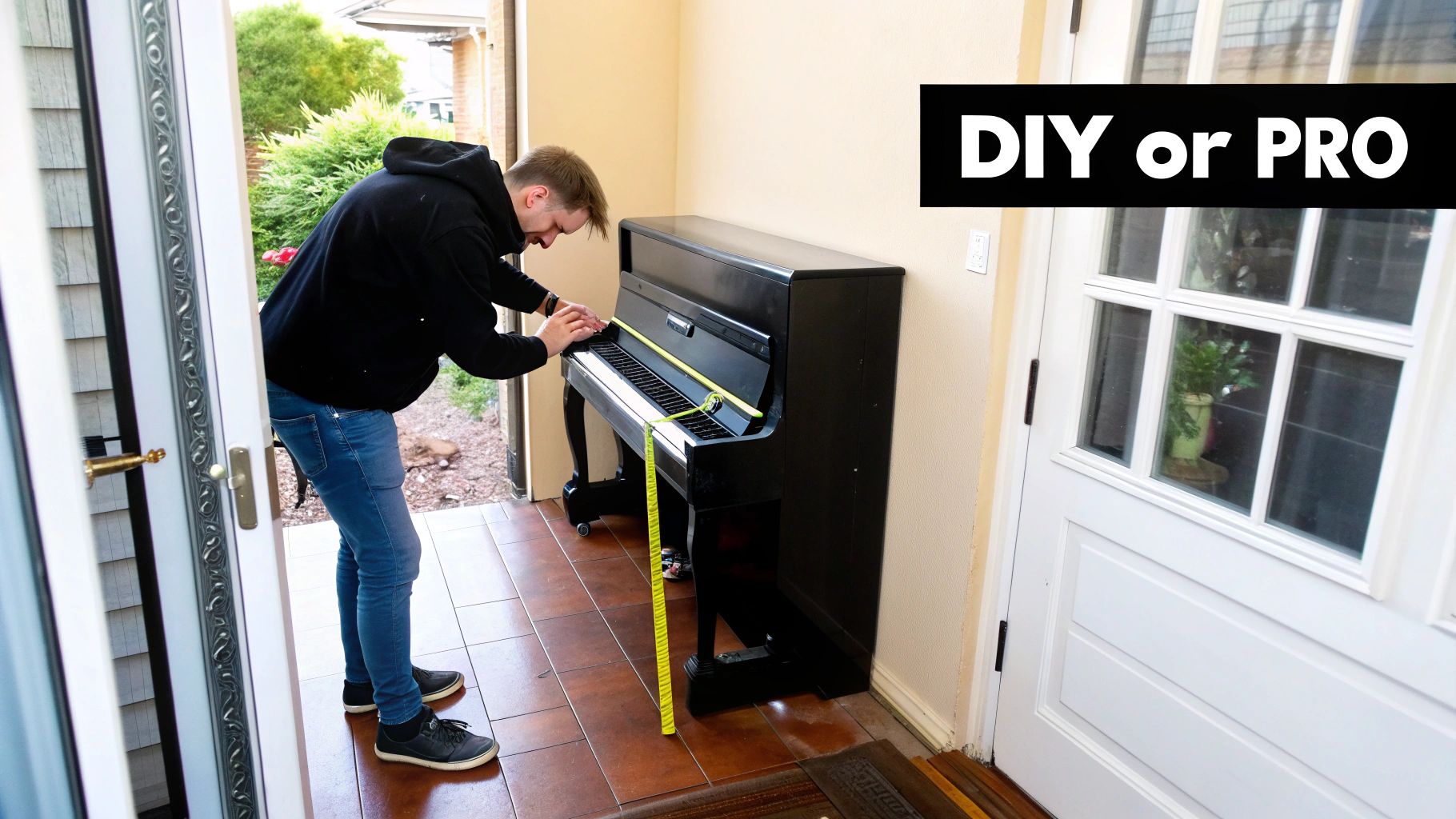 A person in a black hoodie and jeans measures a black upright piano with a yellow tape measure in a house entryway.