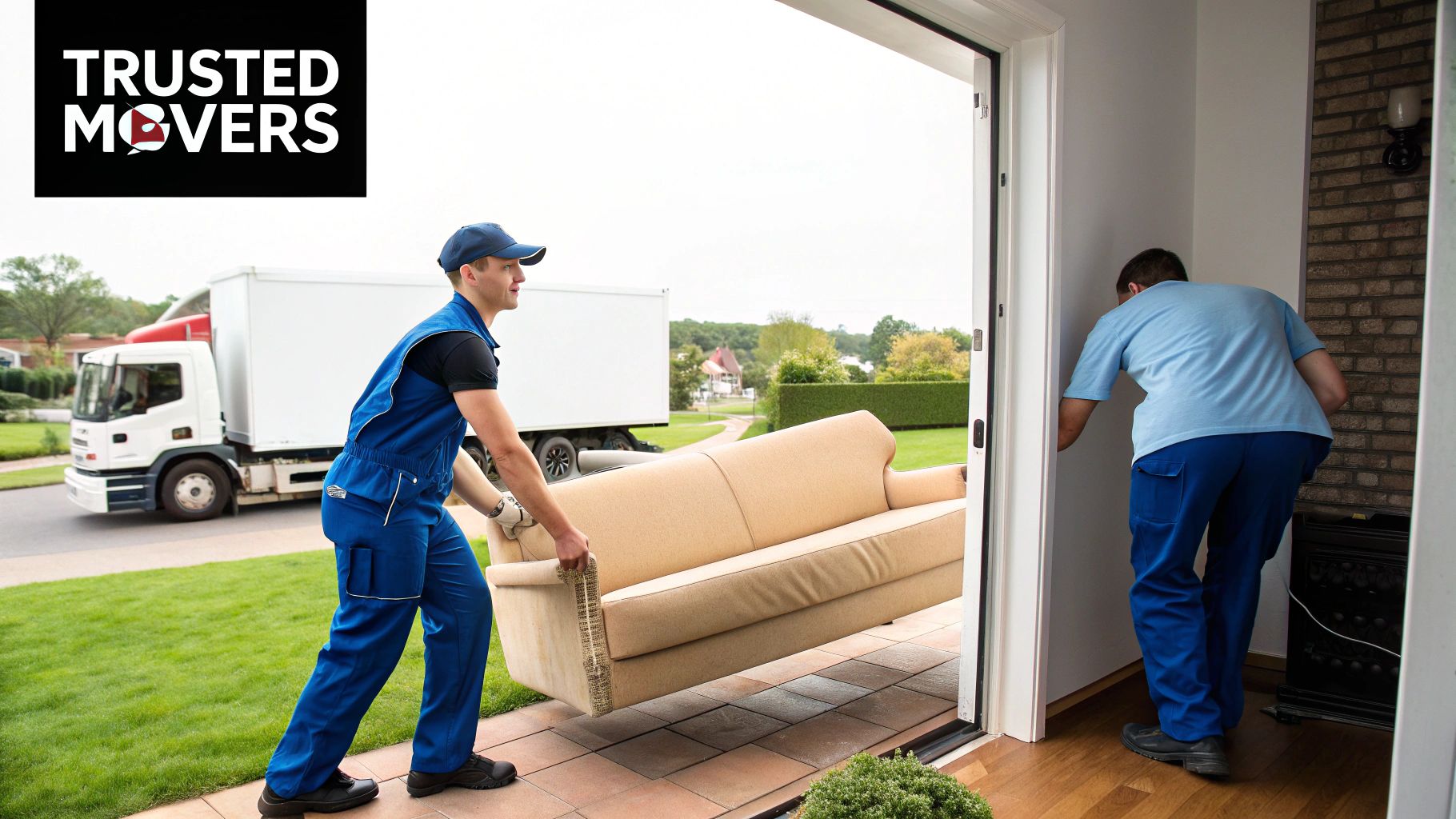 Two professional movers carefully deliver a beige couch from a truck into a house.