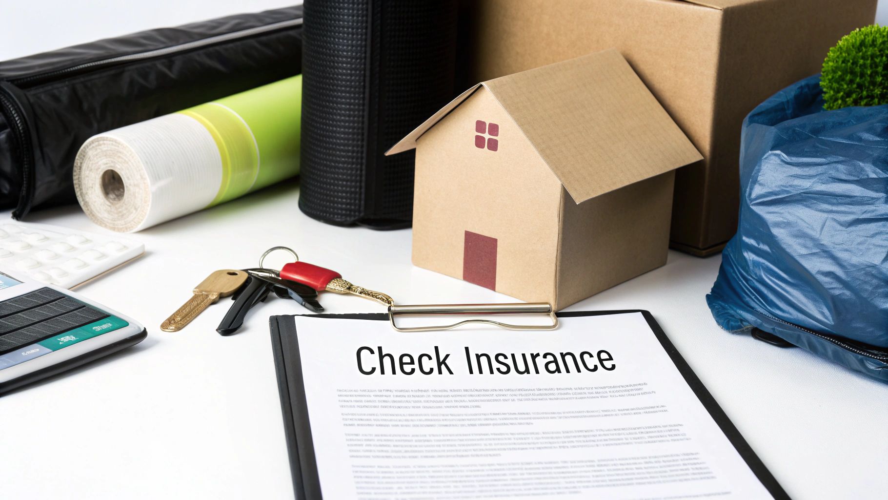 Items for moving house including a cardboard house, keys, boxes, and an insurance checklist.
