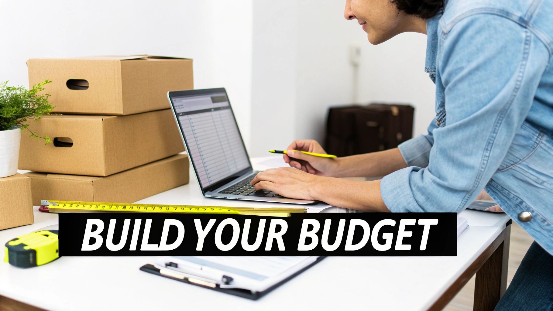 Person creating a budget on a laptop, surrounded by moving boxes and measuring tools.