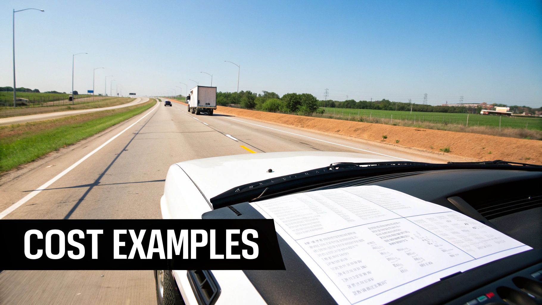 View from a car driving on an interstate highway with a document on the dashboard, overlaid with 'COST EXAMPLES'.