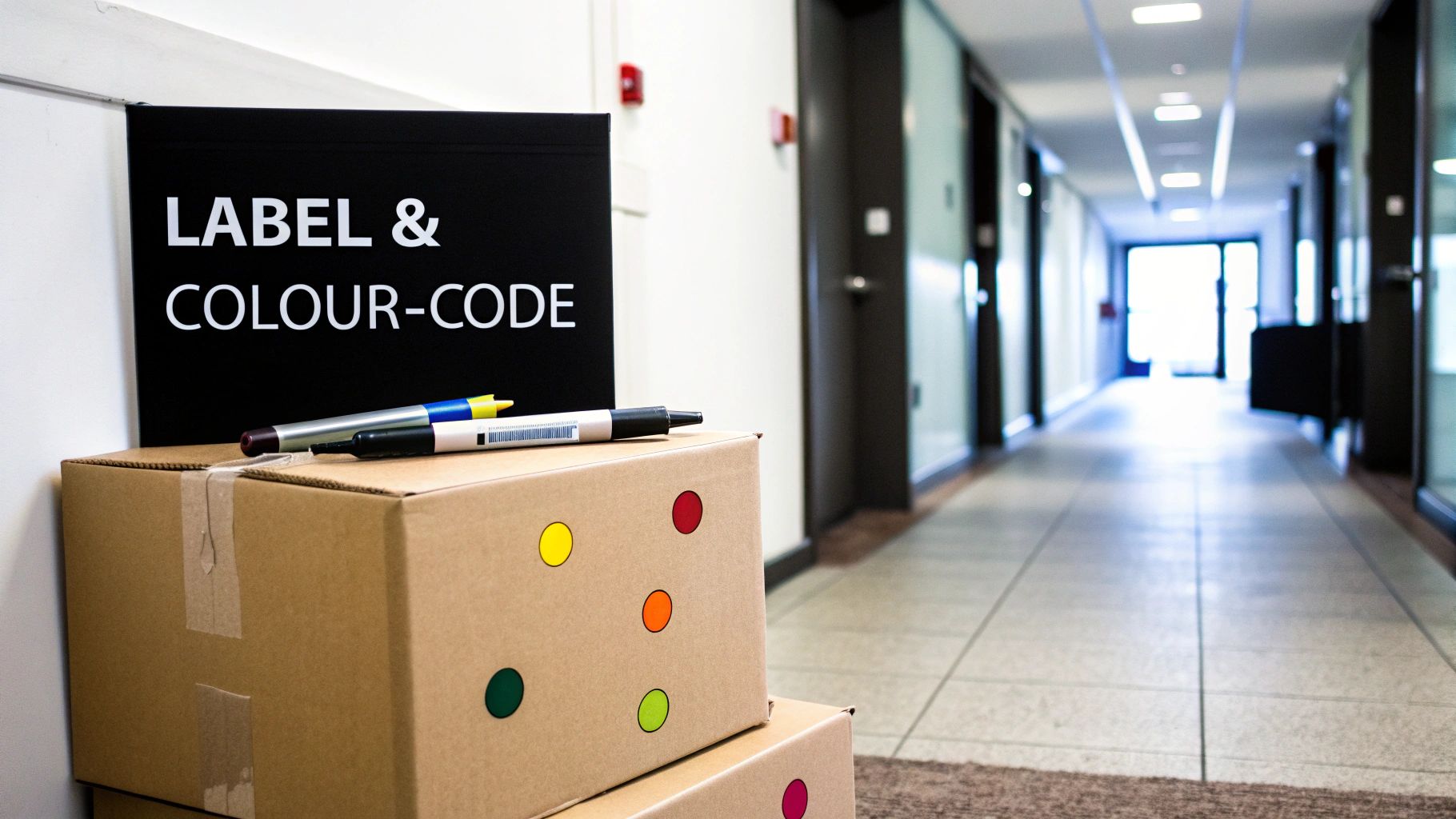 Cardboard moving boxes with colorful dot stickers and markers, next to a 'LABEL & COLOUR-CODE' sign in a hallway.