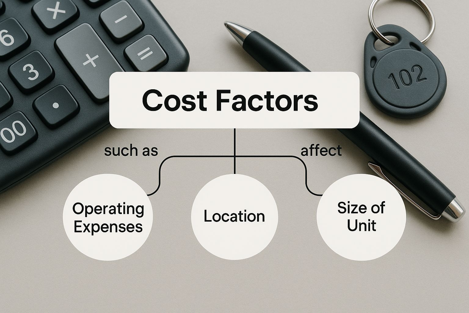 Infographic showing a calculator, pen, and storage unit key fob on a desk, with the text 'Cost Factors' overlaid.