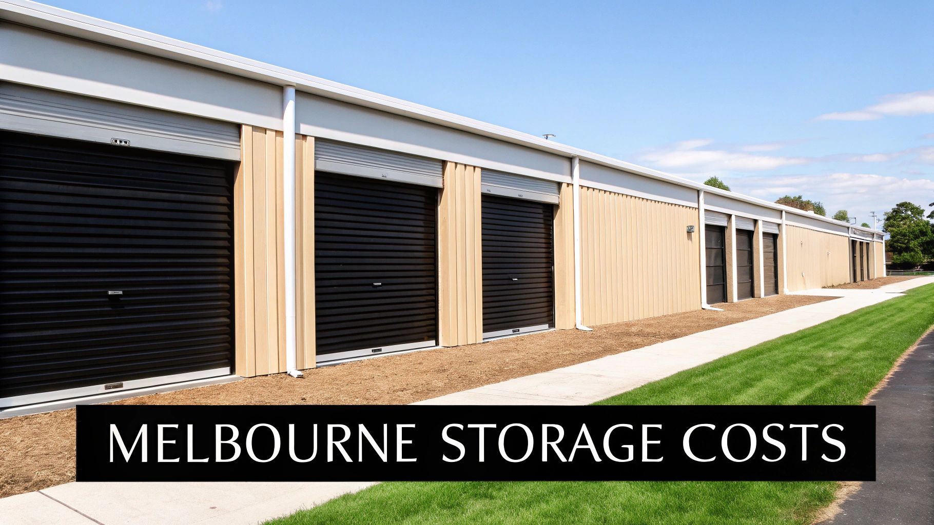 A long row of self-storage units with black doors and light brown walls next to a sidewalk and green grass.