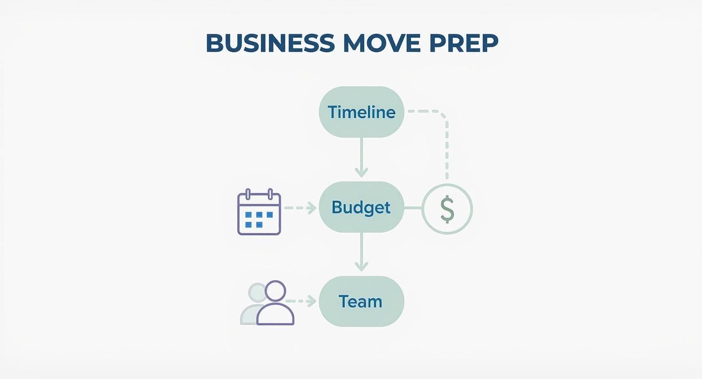 Flowchart outlining business move preparation steps: Timeline, Budget, and Team, with related icons.