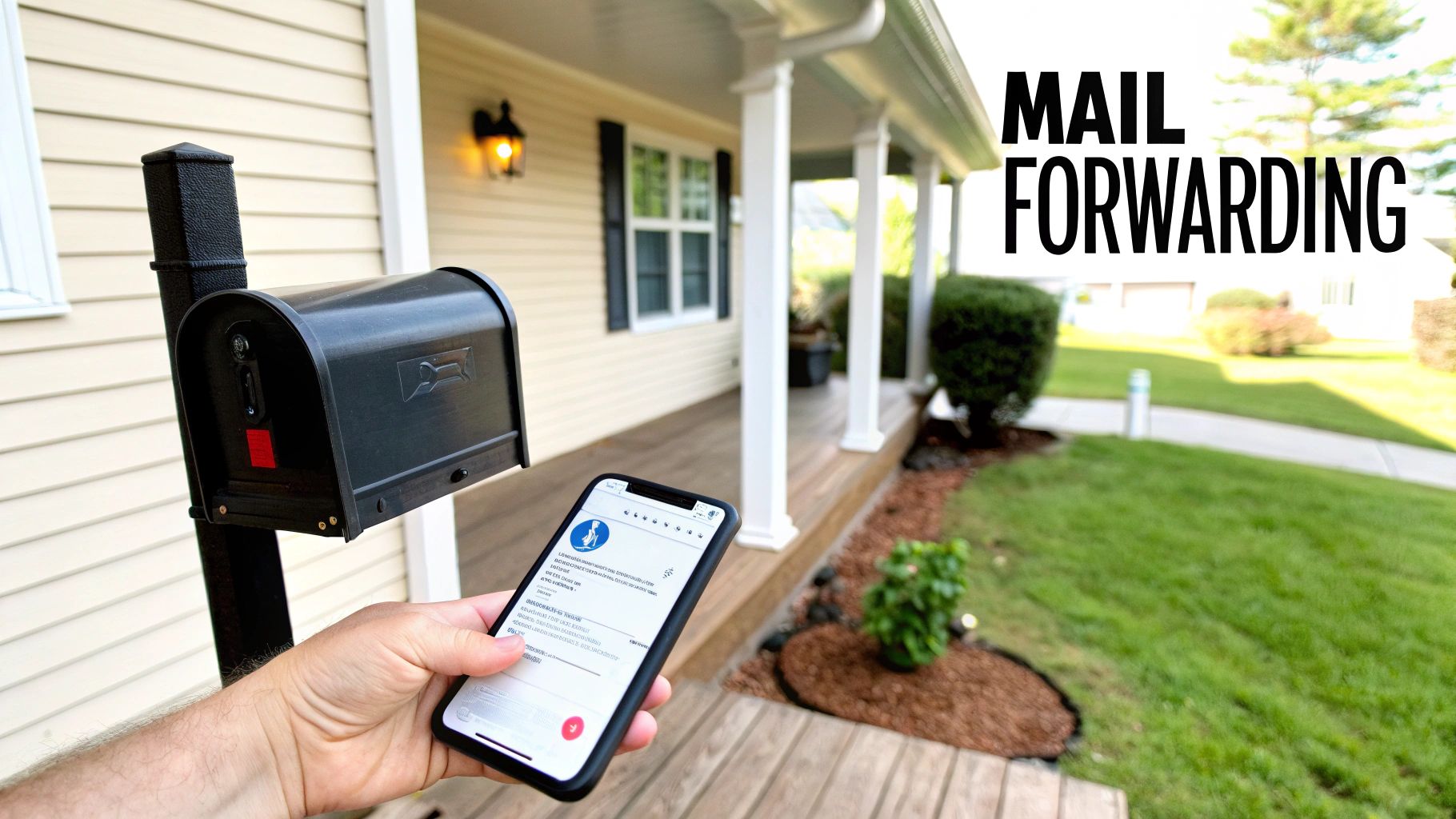 A hand holding a smartphone in front of a mailbox, with 'MAIL REDIRECTION' text overlay.