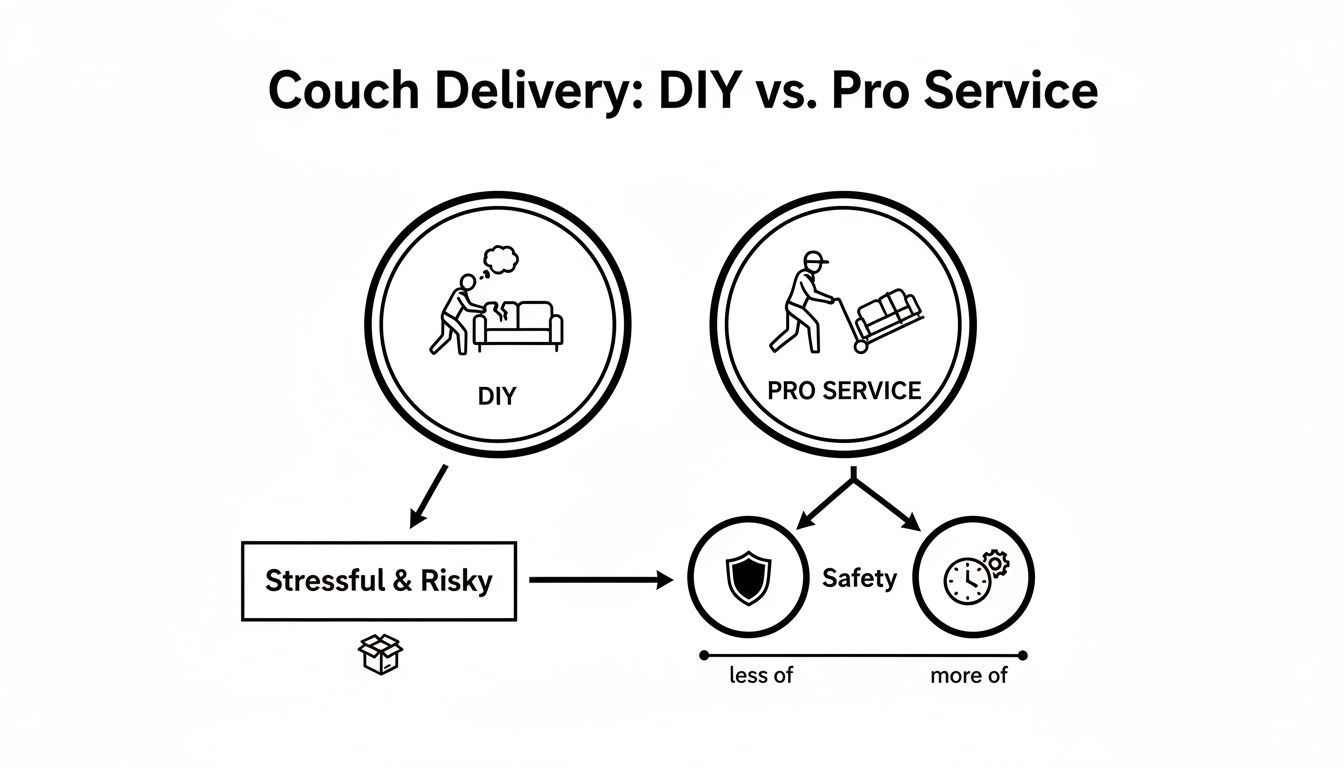 Infographic comparing DIY couch delivery, shown as stressful and risky, versus professional service, highlighting safety and efficiency.