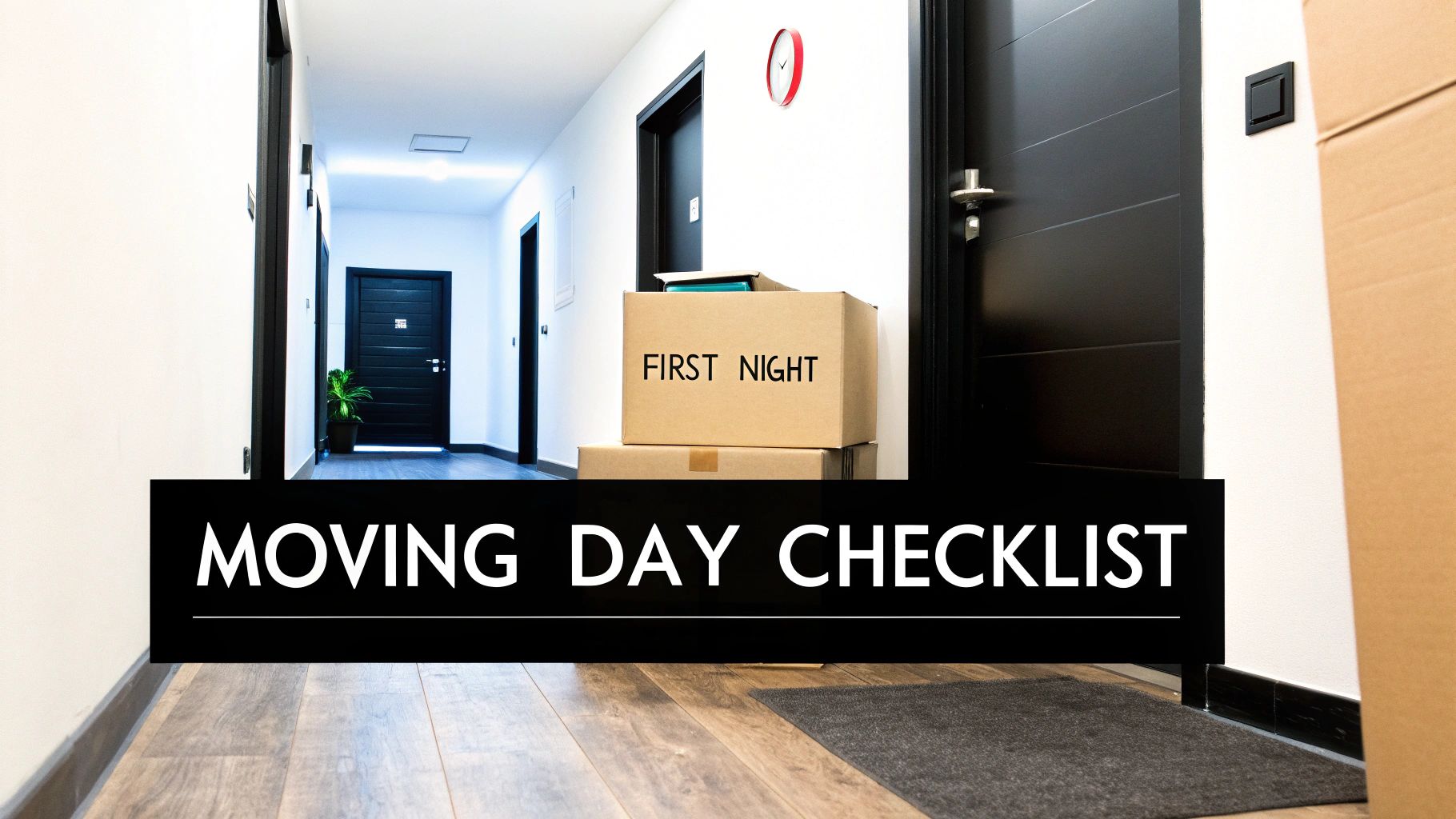 A checklist on a clipboard with packed moving boxes in the background.