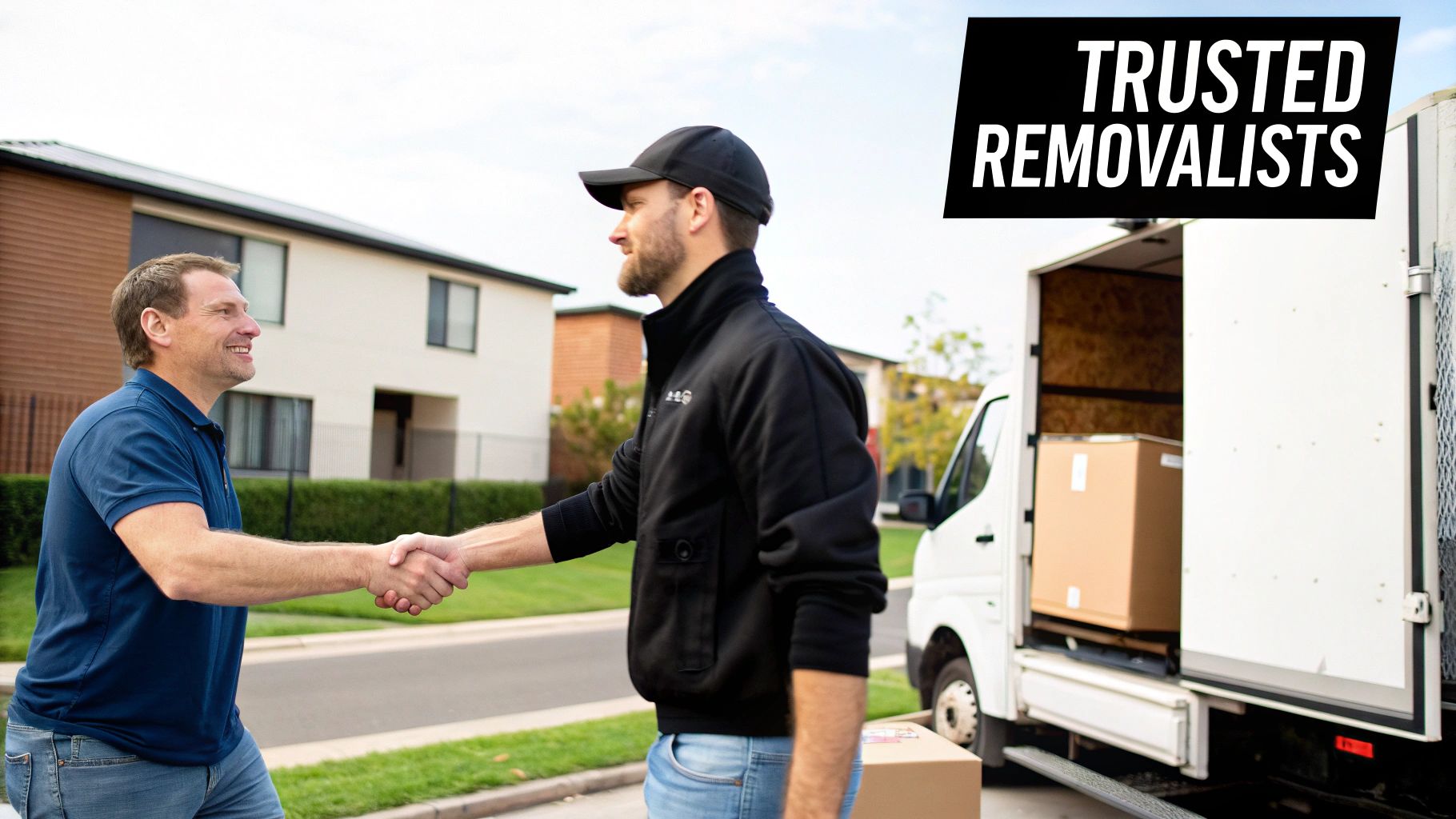 Two professional removalists carefully carrying a large couch out of a home.
