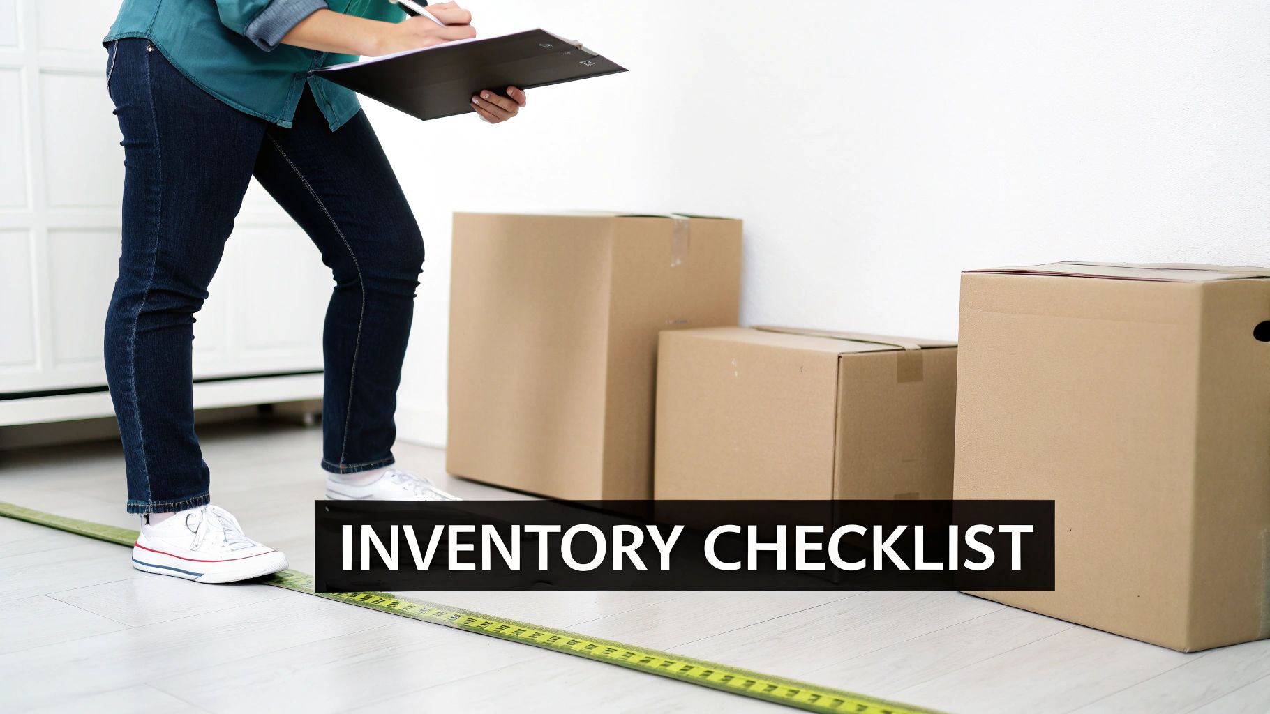 A person using a tablet to create a home inventory list with moving boxes in the background