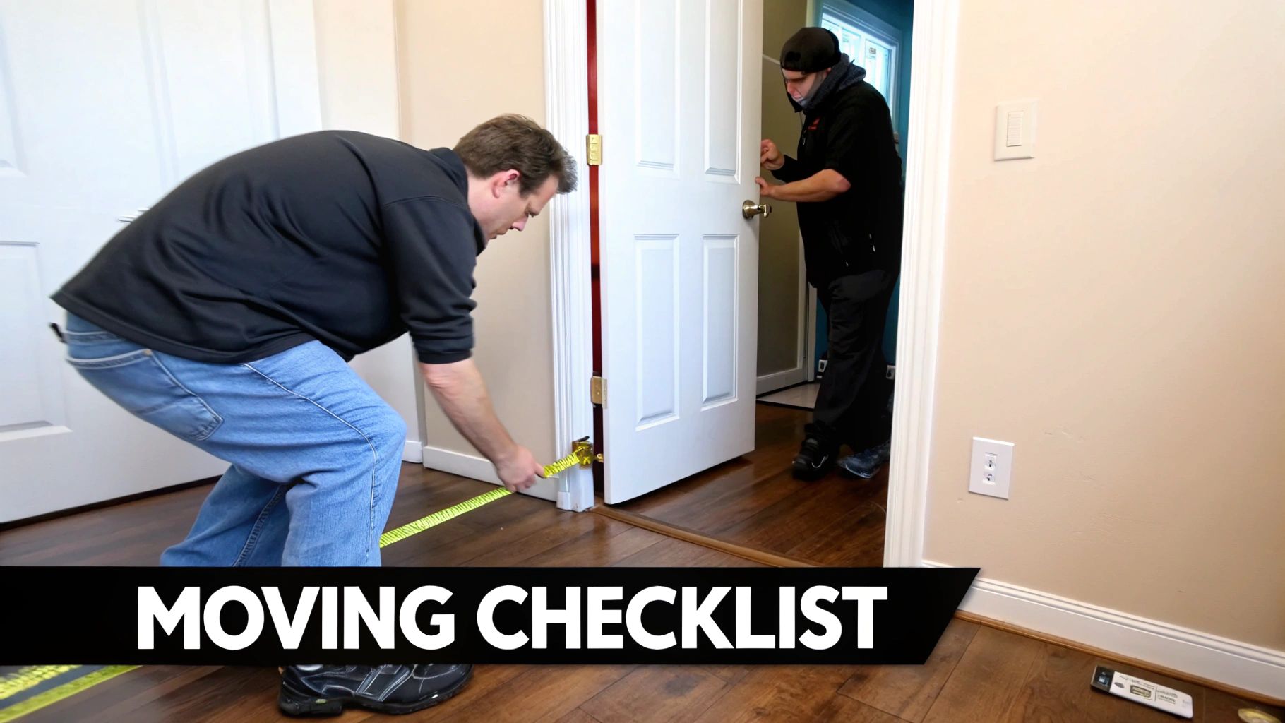 Two men measuring a doorway with a tape measure, preparing for a move.