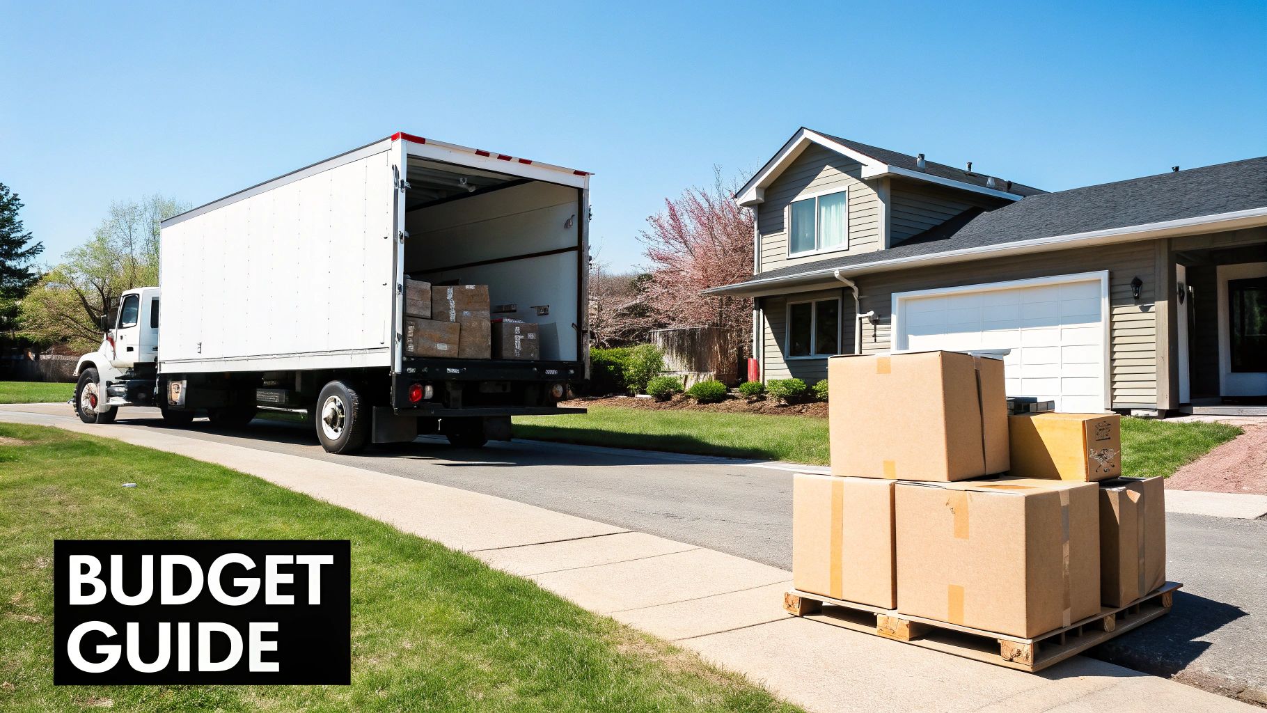 A white moving truck is parked on a residential street in front of a house with moving boxes on a pallet, indicating a relocation.