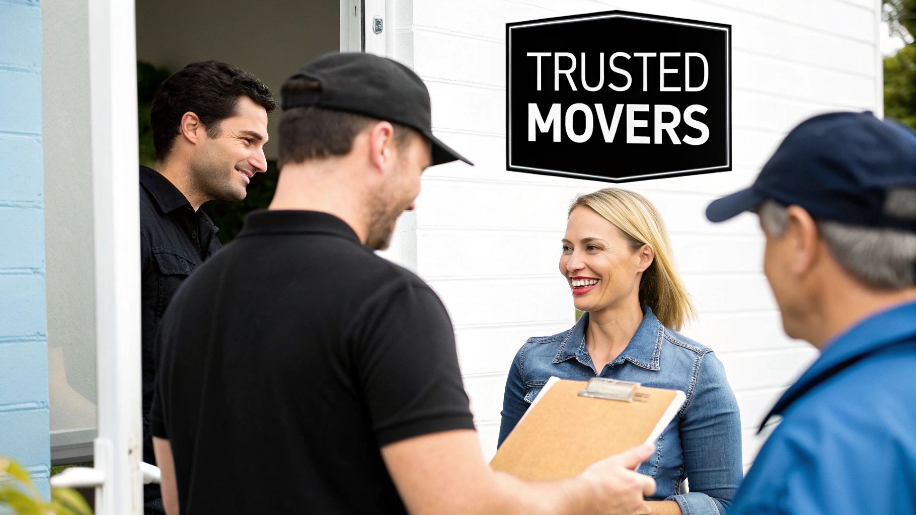Smiling woman and man interacting with movers at home, with one mover holding a clipboard.