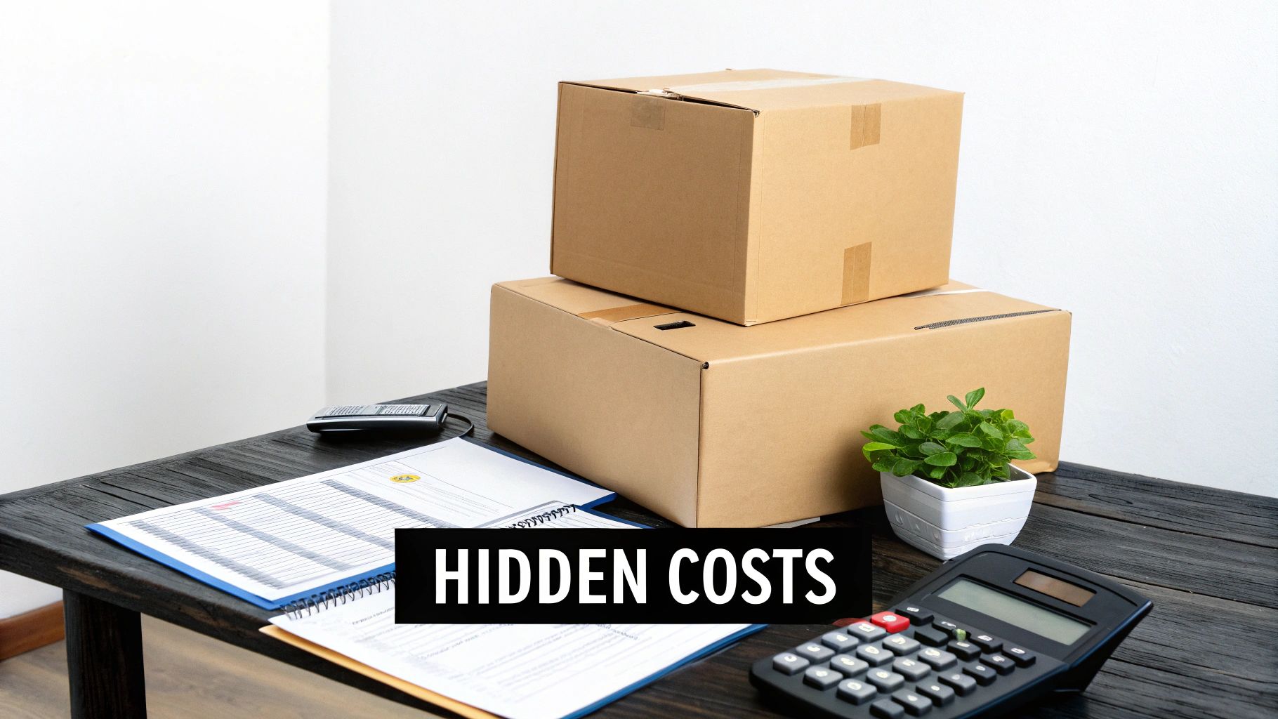 Cardboard moving boxes, financial documents, and a calculator on a desk with 'HIDDEN COSTS' text.