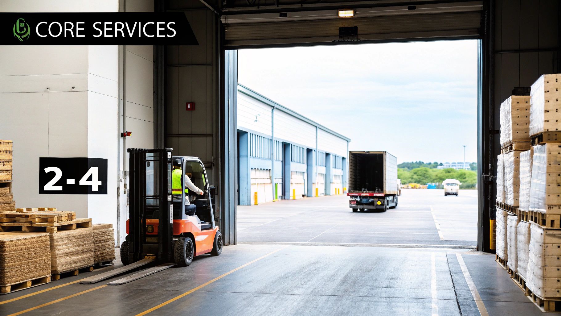 Forklift operator moving goods in a warehouse with a truck at an open loading bay.